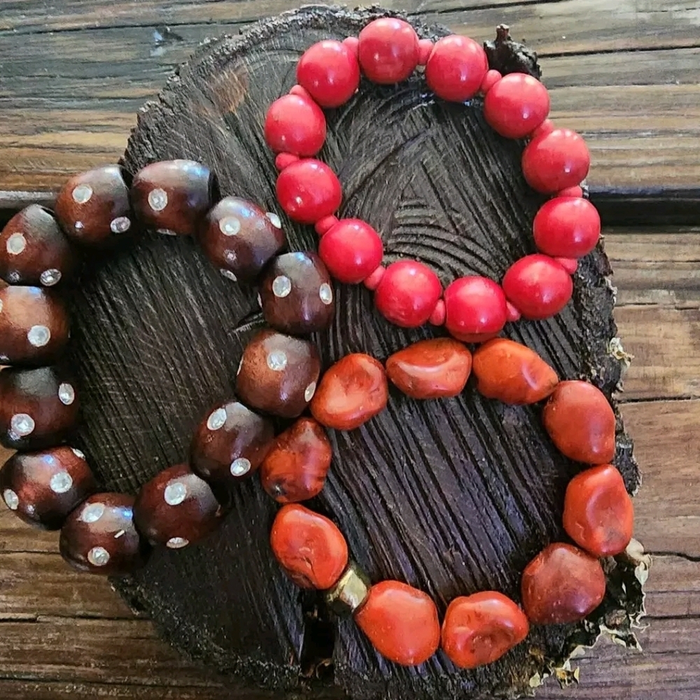 Artisan Beaded Bracelet Trio - Red, Brown, and Orange